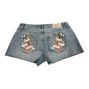 Ed Hardy Swallow graphic, born free Denim Jean shorts size 30 New